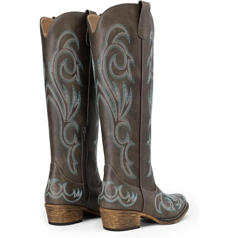 Women Faux Leather Dark Brown Knee High Chunky Heel Side Zipper Embroidered Boot